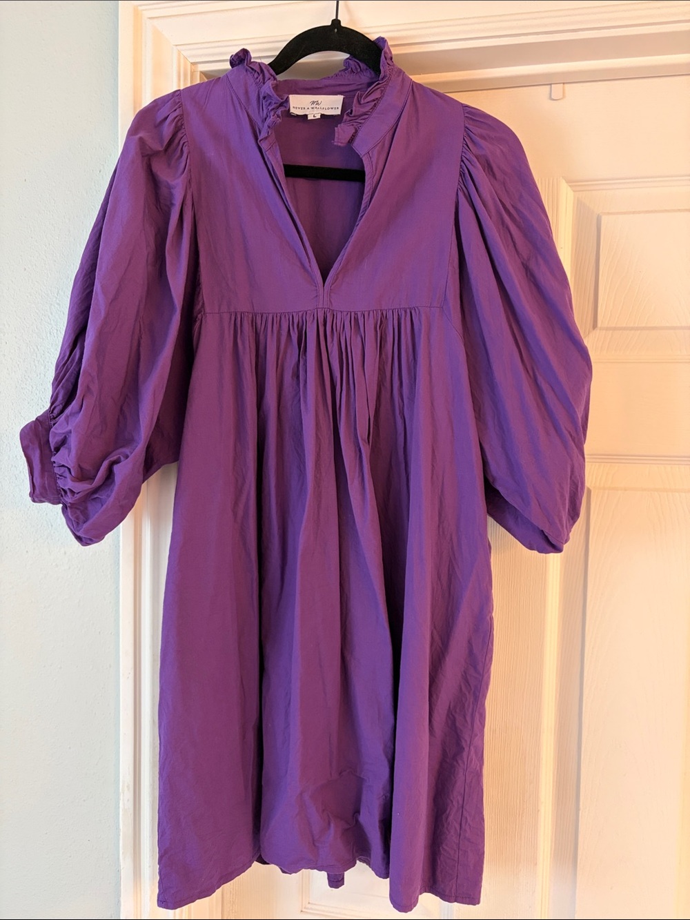 Never A Wallflower royal purple puff sleeve ruffle collar dress sz L Game Day 💜